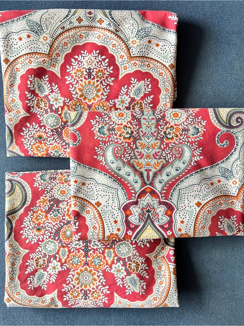 POTTERY BARN S/3 EURO Pillow SHAMS Paisley Floral Red Blue 26”x26” 100% Cotton